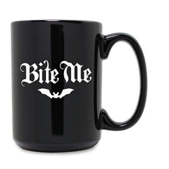 NWOT "Bite Me" Black 15 oz Mug with Flying Bat - Picture 2 of 5
